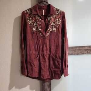 Free People Burgundy Embroidered Top